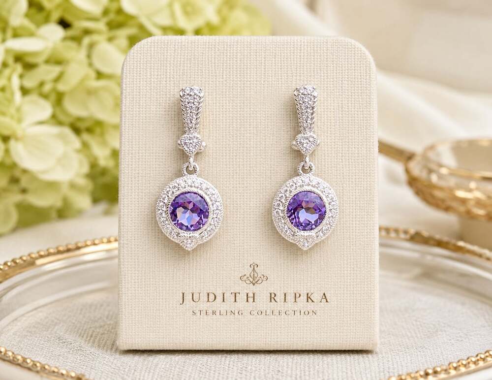 Judith Ripka Sterling Silver & Amethyst Drop Earrings with CZ Accents